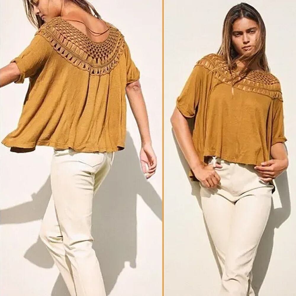 We The Free Colette Crochet Tee - Olive/Gold - S - NWT